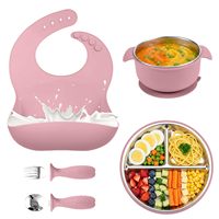 Ensemble de vaisselle pour bébé en silicone, écologique et personnalisable, comprenant un bol, une assiette, une tasse d'apprentissage, une fourchette et une cuillère en acier inoxydable