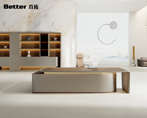 Luxury CEO Executive Desk - Light <strong>Wood</strong> Grain <strong>Desktop</strong> with Integrated Cable Grommet &amp; Seamless Curved Base for Corporate Leaders - Product Image 2