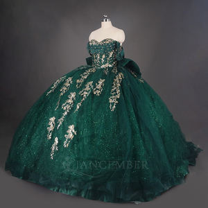 Jancember WC048 Abito Verde per Quinceañera, Vestito da Ballo Scintillante, Abito da Sposa Smeraldo, Pizzo Dorato per Festa di Compleanno dei 16 Anni, Banchetto ed Eventi - Product Image 2