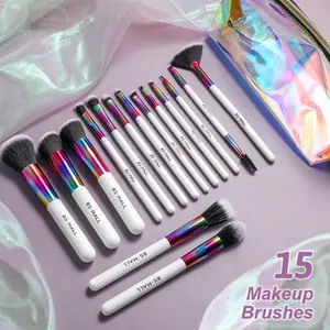 Gradient Makeup Brushes BS-MALL Fashion Design Gradient Makeup Brushes Set 15PCS Colorful Face Makeup Cosmetic Brushes With Clear Makeup Bag