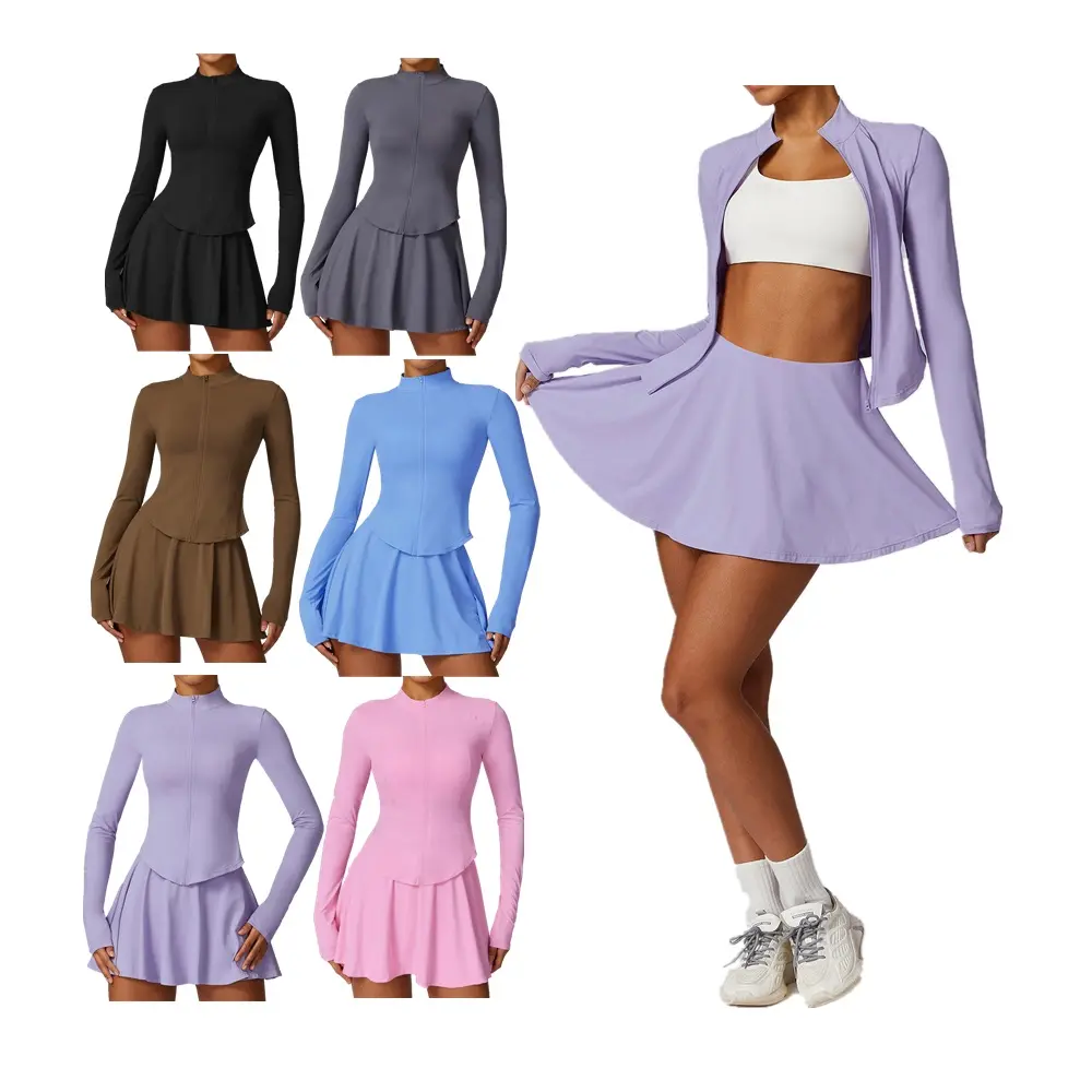 Summer Outdoor Ladies Sports Tennis Skirt Outfit Golf Gym Wear 2 Piece Yoga Set Long Sleeved Running Short Skirt Set