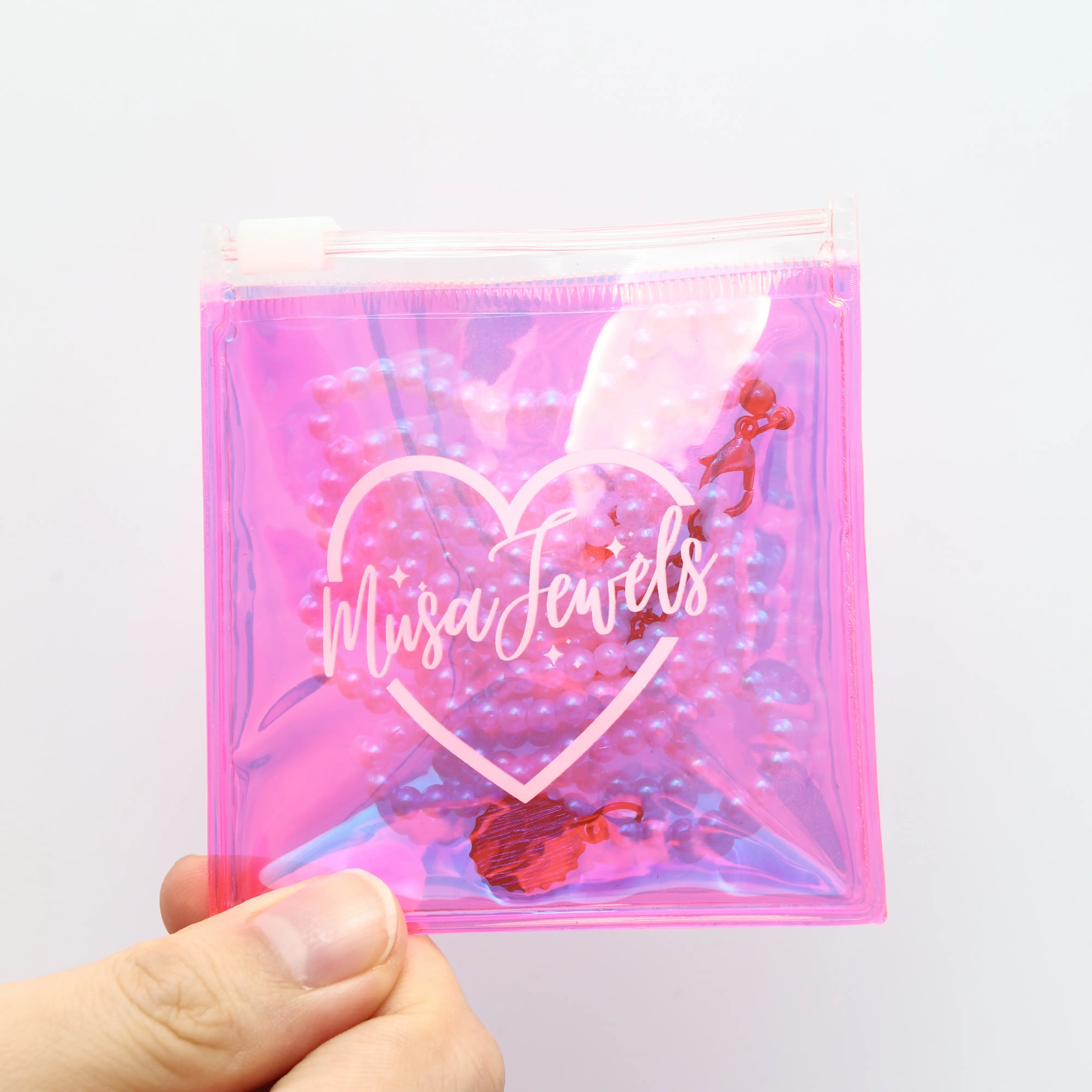 Bolsa pequeña de lujo con cremallera de plástico holográfica de PVC rosa de 6x6cm con logotipo blanco para joyas, accesorios de joyería, bolsa con cremallera