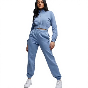 Ensemble Crop Top Tricoté Bleu à Manches Longues et Pantalon de Jogging Taille Haute Ample Couleur Unie Décontracté Toutes Saisons pour Femme - Product Image 1