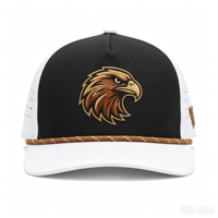 Gorra Trucker Deportiva Personalizada al por Mayor de 5 Paneles con Logotipo Bordado de Alta Calidad, Cuerda de Esponja Marrón y Parche de Águila Tejido