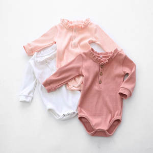 단색 유기농 골지 면 아기 Onesies 긴 소매 스냅 버튼 폐쇄 신생아 장난 꾸러기 일반 아기 성장-도매 - Product Image 2