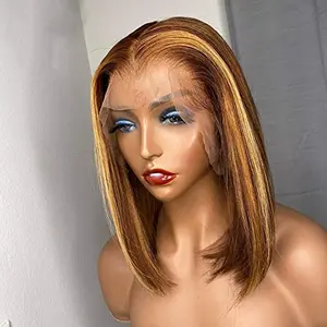 突出Ombre蕾丝前短鲍勃假发黑色女性人发，高清正面蕾丝假发150% 密度棕色金发直