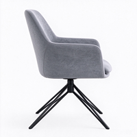 Fauteuil moderne en tissu gris rembourré avec dossier découpé unique et base pivotante à 360 degrés en métal noir robuste, chaise de salle à manger