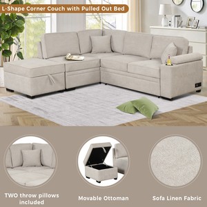 Three Seat Fabric <b>Sofa</b> <b>Bed</b> Pull-Out Function 2-in-1 L-Shape Couch Storage Ottoman for Living Room Bedroom Hotel Small Apartments - Product Image 2