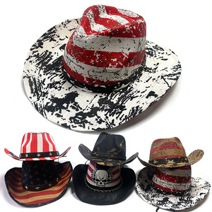 Sombrero de la serie de la bandera americana pintada a mano Día de la independencia de EE. UU. 4 de Julio Sombrero de <span class=keywords><strong>vaquero</strong></span> de paja occidental Sombrilla Retro - Product Image 1
