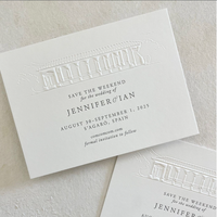 Cartes d'invitation de mariage personnalisées en papier coton, style Old Money, avec motif colonnade, gaufrage et débossage, encre blanche, pour faire-part de mariage
