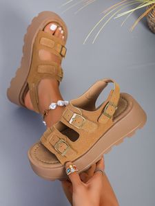 Sandales d'été françaises pour femmes, confortables, à semelle épaisse, à double boucle, décontractées, pour la plage, printemps/automne, semelle en caoutchouc amortissante - Product Image 5