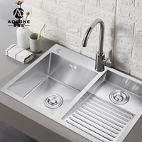 Évier de cuisine en acier inoxydable avec planche à laver intégrée, double bac, pour la lessive, idéal pour la maison, les appartements et les projets, également utilisable comme évier à shampoing