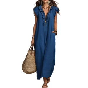 Abito lungo <span class=keywords><strong>in</strong></span> stile bohémien con volant, abito estivo casual <span class=keywords><strong>in</strong></span> <span class=keywords><strong>lino</strong></span> da donna - Product Image 1