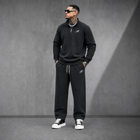 Ensemble de survêtement sportif 2 pièces pour homme : sweat-shirt à col montant et demi-zip, pantalon de jogging ample à jambes larges, respirant en polyester/coton
