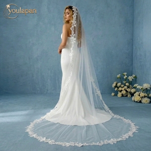 Voile de mariée YouLaPan V327 romantique pour photographie de mariage en extérieur, dentelle brodée, bordure florale, sans peigne - Product Image 4
