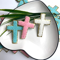 En gros, petits patchs thermocollants en PU écologique, broderie chenille, 3 pouces, motif croix de saint, avec paillettes dorées, blanc et rose, pour chemise