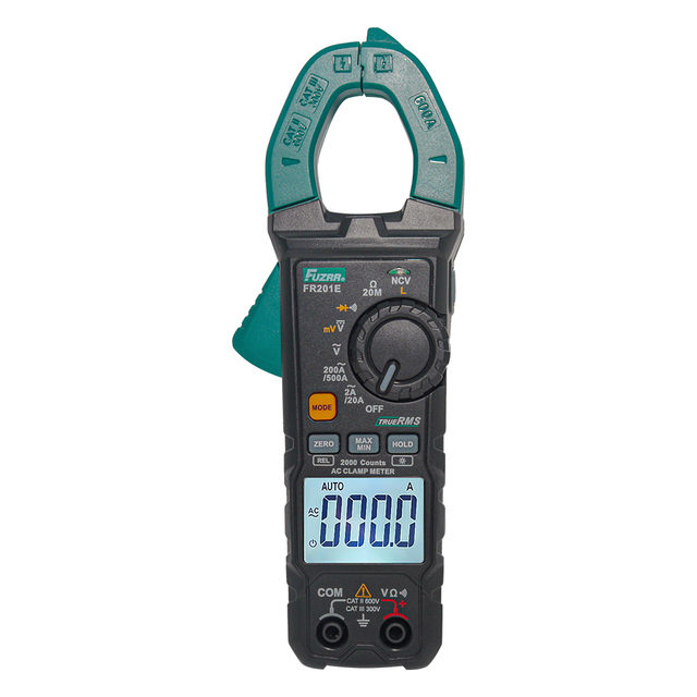 FUZRR FR201E Resistance Diode Measurements Digital Clamp Meter 2000 Counts True RMS AC/DC 600A Ohm LowZ NCV Clamp Multimeter