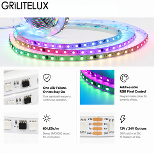 RGBIC LED Strip SM16703 SMD5050 DC12V 60 LEDs/m 20 Pixels/m 10mm PCB 14.4W/m Digital Segment <b>Control</b> for Retail Display - Product Image 4