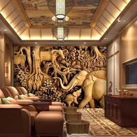 Décor mural 3D en relief en bois sculpté, motif famille d'éléphants Art Déco, nature morte jungle, pour spa thaïlandais, restaurant, décoration intérieure, décoration personnalisée