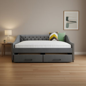 Lit de repos rembourré pleine grandeur avec deux tiroirs, sommier à lattes en bois, style transitionnel gris, lit moelleux - Product Image 2