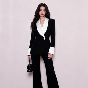 Elegante Completo da Donna con Blazer e <span class=keywords><strong>Pantaloni</strong></span> Bianco/Nero a Contrasto, Set Due Pezzi Femminile alla Moda con Bottone Singolo e Colletto a Risvolto, Vestibilità Slim - Product Image 2