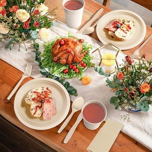 Ensemble de <span class=keywords><strong>couverts</strong></span> <span class=keywords><strong>jetables</strong></span> écologiques en fibre de canne à sucre et bambou, comprenant cuillère, fourchette, serviette, pour les fêtes, les mariages, le camping - Product Image 5