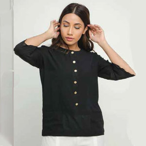 Casual Wear Women Two Piece Set Black O-Neck Gold Button Blouse with Pockets and Pleated White Wide Leg Pants Outfit - Product Image 2