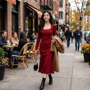 เดรสไหมพรมคอเหลี่ยมสีแดงสุดหรู แขนยาว ทรงเข้ารูป ติดกระดุม ความยาวปานกลาง สำหรับผู้หญิง ฤดูใบไม้ร่วง - Product Image 2