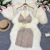 Bas Prix STOCK 4 Couleurs Crochet Femmes Deux Pièces Ensemble Avec Pad Bikini Top Shell Évider Jupe Tenues De Plage