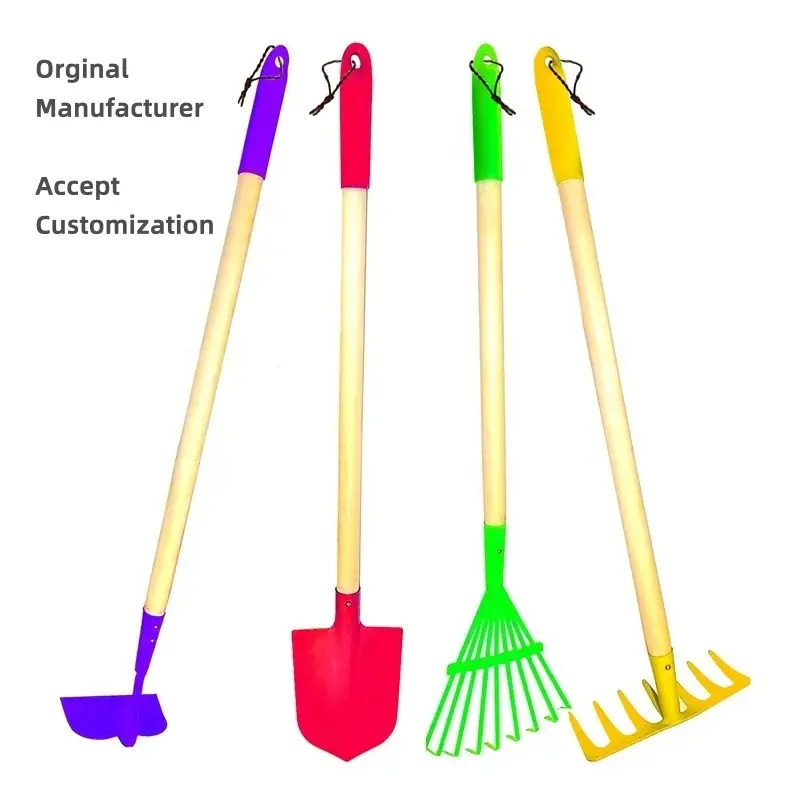 أطفال حديقة أداة مجموعات الالعاب من الخليع مجرفة مجرفة و عصا تشذيب أوراق الشجر مصنوعة من قوي الرأس الصلب و الخشب الحقيقي مقبض طويل