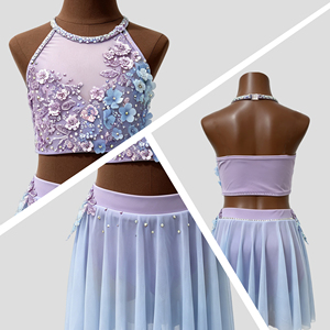 Costume de danse lyrique 2 pièces Ombre Lavande avec haut à licou orné de strass floraux et jupe en maille pour adultes – Tenue de performance et de compétition - Product Image 2
