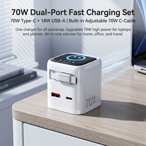 Chargeur rapide GaN 70W ultra-plat avec câble USB-C rétractable de 80 cm, adaptateur mural 3 ports PD3.1 pour téléphone et ordinateur portable <span class=keywords><strong>MacBook</strong></span> <span class=keywords><strong>Pro</strong></span> 16 pouces - Product Image 1