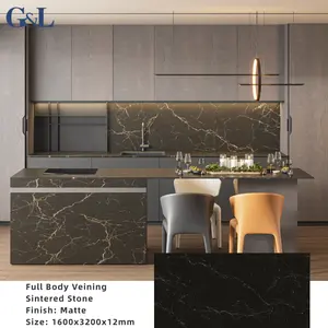 Large Size Artificial Stone Slab Rafal Black 1600x3200x12mm Full Body Veining Sintered Stone for Island Counter Top
