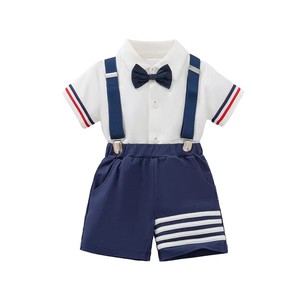 <span class=keywords><strong>Completo</strong></span> Estivo per Bambino in Stile Britannico, Pantaloncini in Cotone Morbido Tinta Unita con Chiusura Monopetto - Product Image 4