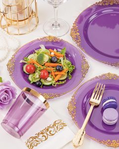 350PCS Purple Plastic Dinnerware Sets for 50 Guests Includes100 <strong>Disposable</strong> <strong>Plates</strong> 150 Gold Silverware 50 Cups 50 Napkins - Product Image 4