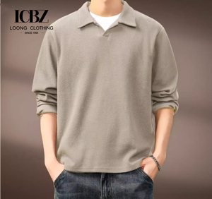 T-shirt à manches longues surdimensionné en tricot gaufré à col de mouette pour homme, haut de gamme, robuste, automne, éco-responsable, lourd - Product Image 2