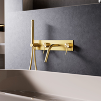 Robinet de bain mural HONGDEC en laiton brossé doré non revêtu avec douchette à main pour salle de bain