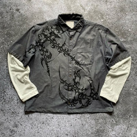Kemeja Pria Vintage Lengan Ganda Bermotif Katun Kasual Kancing Depan Kerah Turun Streetwear