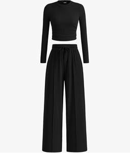 Ensemble deux pièces décontracté pour femme, style européen et américain, en stock, automne, haut côtelé à manches longues et pantalon large - Product Image 4