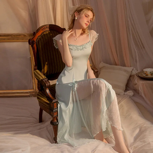 Ropa de Dormir de Lujo Ligero para Mujer, Estilo Francés, Camisón de Seda con Parches de Malla, Vestido Largo de Noche para Dama - Product Image 4