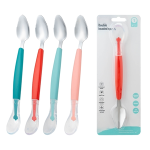 Vente en gros cuillère en silicone OEM pour bébé en acier inoxydable avec outils de <span class=keywords><strong>grattage</strong></span> de purée de fruits aux deux extrémités, cuillère à double tête - Product Image 1