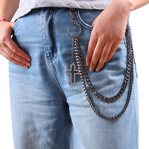 Cadena de cintura estilo hip hop occidental con colgante de cruz hueca de doble capa en tono bronce, de aleación de zinc, para jeans, estilo casual urbano. - Product Image 1