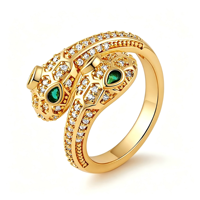 Bague ouverte en cuivre plaqué or 18 carats avec double tête de serpent, zircon pavé, yeux verts, style vintage de luxe, pour femme