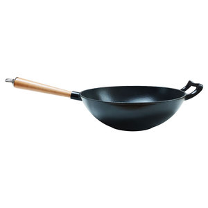 Anufacturer-<span class=keywords><strong>Wok</strong></span> de hierro fundido antiadherente de fondo plano chino tradicional presazonado con mango de madera, venta al por mayor - Product Image 3