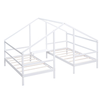 Lit pour maison d'enfants avec 2 lits jumeaux à plateforme, lits jumeaux doubles en bois avec toit triangulaire et bureau intégré