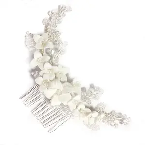 Pente de cabelo de porcelana re3737, flor branca para cabelo de noiva, artesanal, frisado, cristal, para casamento, ornamentos de princesa