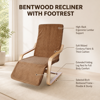 Fauteuil inclinable en bois de bouleau courbé de style nordique avec repose-pieds étendu, fauteuil de relaxation ergonomique à dossier haut en velours côtelé pour jardin et terrasse