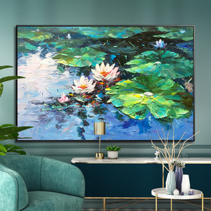 Quadro Decorativo per Soggiorno, Regalo, Dipinto a Mano 100% con Olio su Tela, Laghetto di Loto Dorato con Fiori di Loto Verdi - Product Image 1