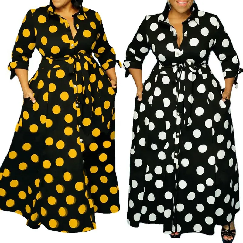 Wholesale Pocket Long Sleeves High Waist Plus Size Shirt Long Dress Loose Casual Black And White Polka Dot Print Dress