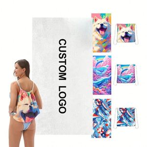 Promotional Folding <b>Drawstring</b> <b>Backpack</b> Beach Towel All-in-One Bag for Storage Customizable Logo Pattern - Product Image 1